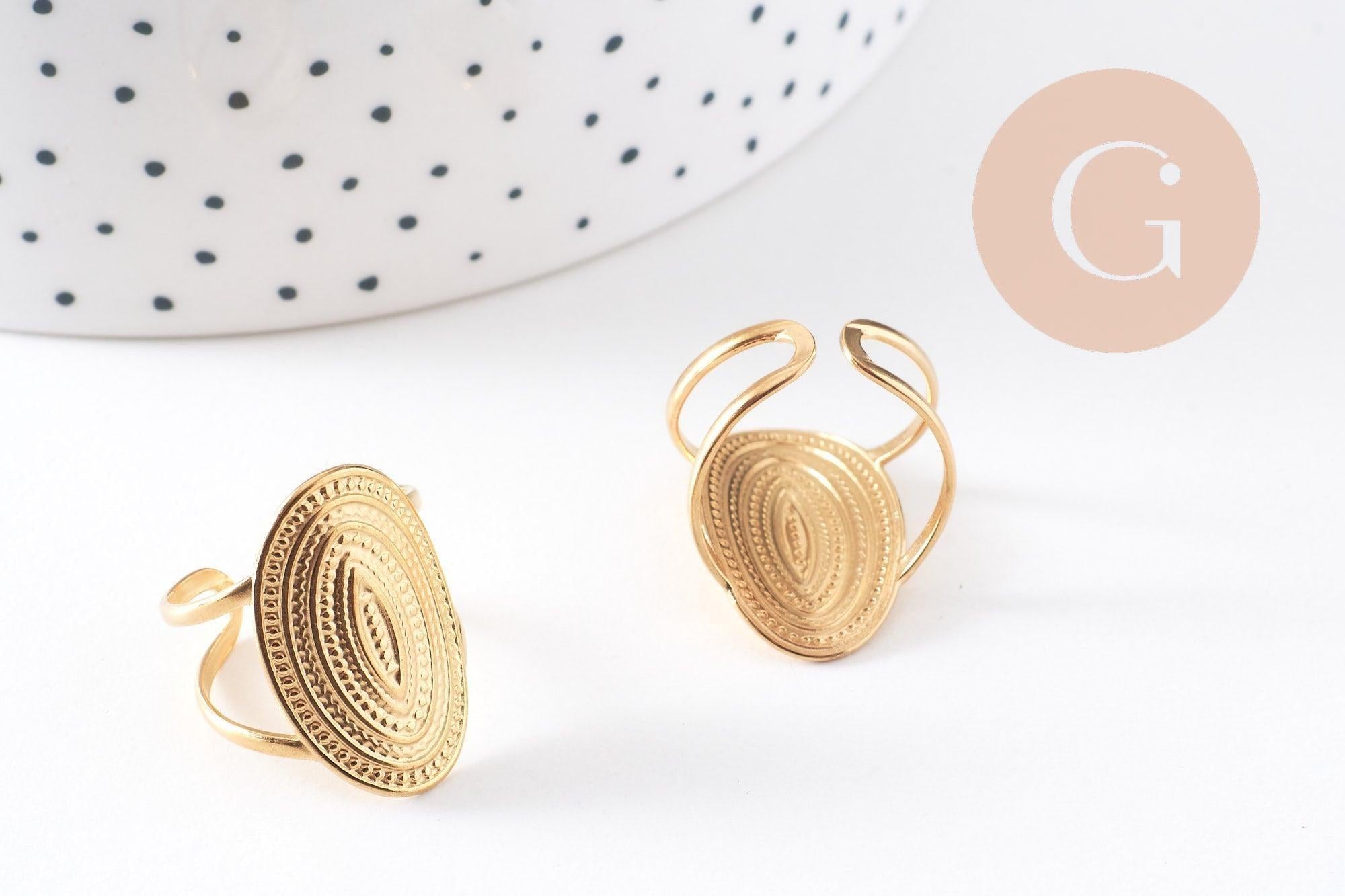 Bague réglable ovale texturée acier 304 inoxydable doré Taille 54, x1 (G10351)