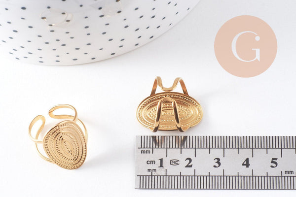 Bague réglable ovale texturée acier 304 inoxydable doré Taille 54, x1 (G10351)