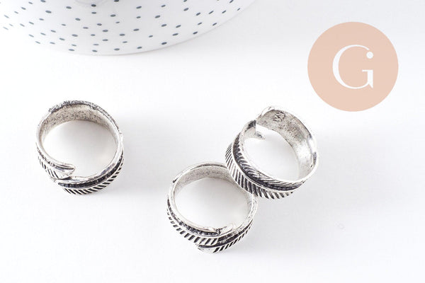 Bague réglable plume argenté 17mm, x1 (G0221)