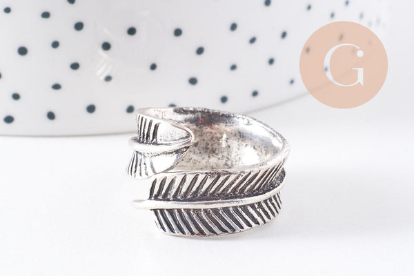 Bague réglable plume argenté 17mm, x1 (G0221)
