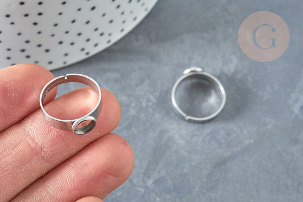 Bague réglable pour cabochon 6mm en acier platine inoxydable 17-18mm, x2 (G8227)