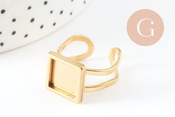 Bague réglable pour cabochon carré 10mm acier 201 inoxydable doré 18mm, x1 (G9669)