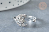 EP-Bague réglable rotative lune étoile laiton platine zircon blanc 16.9mm, x1 (G8031)