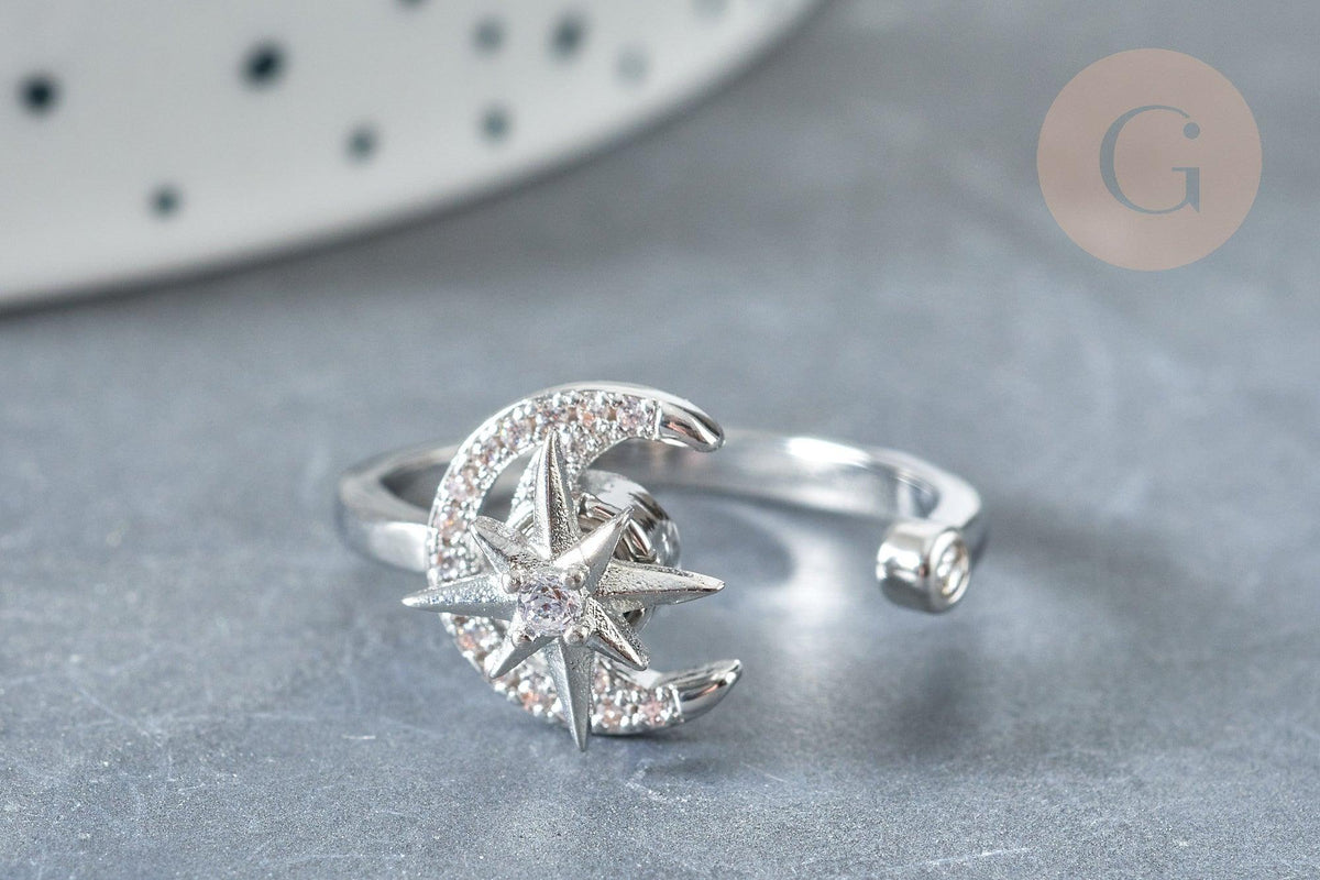 Bague réglable rotative lune étoile laiton platine zircon blanc 18mm, x1 (G8031)