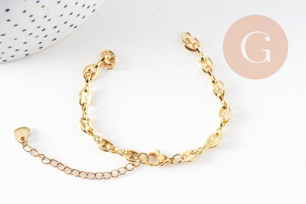 Base de bracelet ajustable laiton doré 14k grain de café 23cm, x1 (G5964)