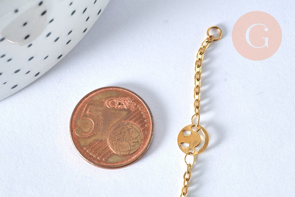 Base de bracelet ajustable maille forçat smiley fantaisie en acier doré 14k 14cm, sans nickel, bracelet en acier doré inoxydable, x1 (G5971)