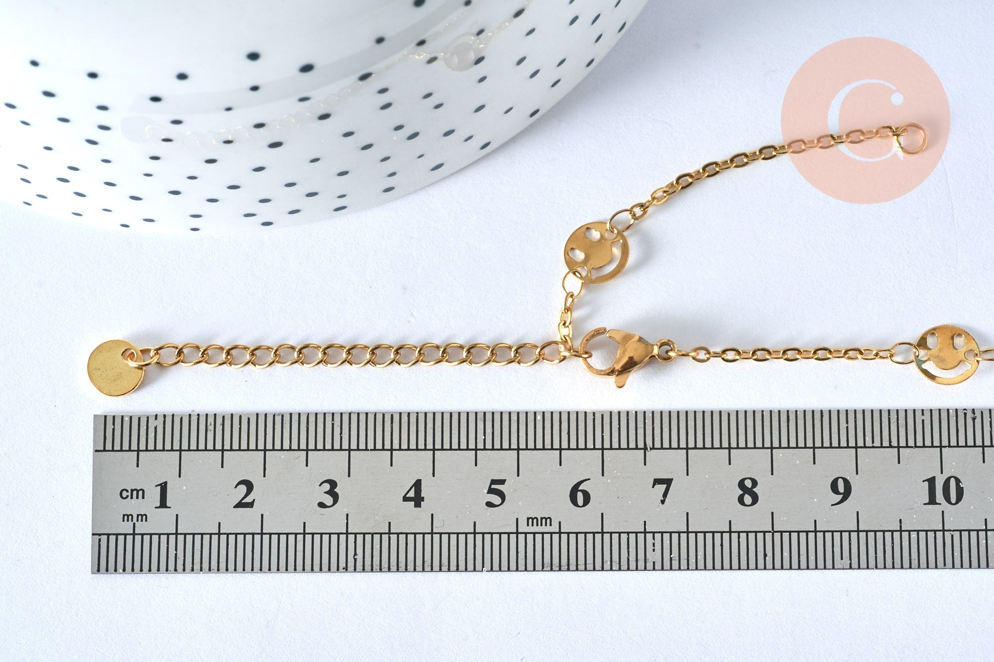 Base de bracelet ajustable maille forçat smiley fantaisie en acier doré 14k 14cm, sans nickel, bracelet en acier doré inoxydable, x1 (G5971)