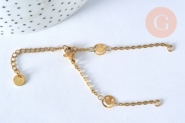 Base de bracelet ajustable maille forçat smiley fantaisie en acier doré 14k 14cm, sans nickel, bracelet en acier doré inoxydable, x1 (G5971)