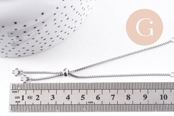 Base de bracelet chaine carré maille vénitienne réglable acier 304 inoxydable platine 1mm-21.8cm, avec frein x1 (G9495)