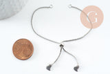 Base de bracelet chaine carré maille vénitienne réglable acier 304 inoxydable platine 1mm-21.8cm, avec frein x1 (G9495)