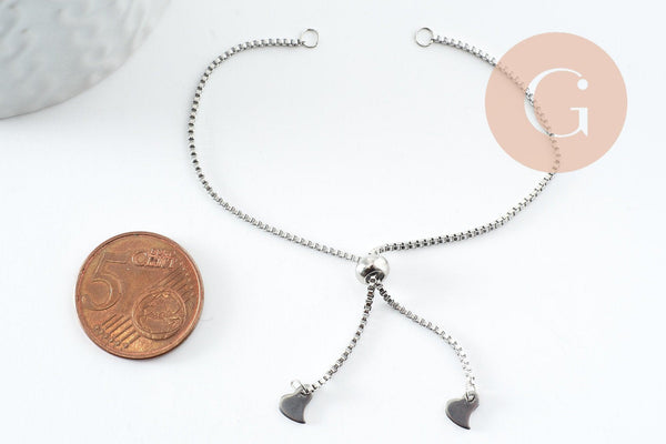 Base de bracelet chaine carré maille vénitienne réglable acier 304 inoxydable platine 1mm-21.8cm, avec frein x1 (G9495)