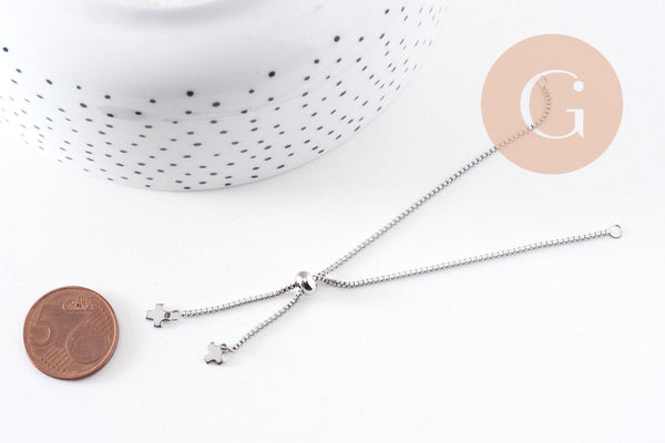 Base de bracelet chaine carré maille vénitienne réglable acier 304 inoxydable platine 1mm-21.8cm, avec frein x1 (G9495)