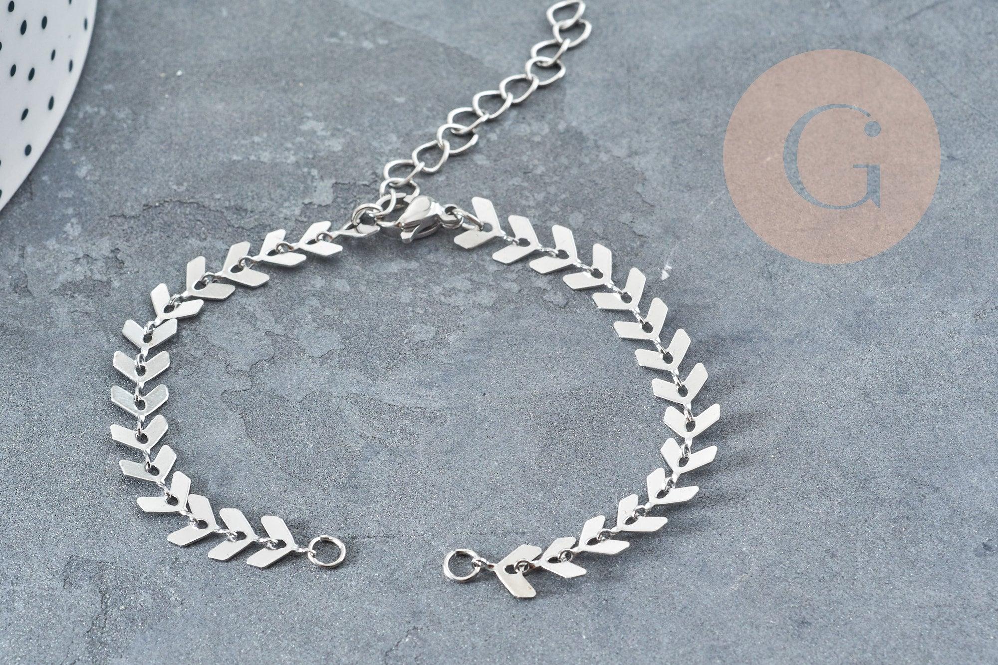 Base de bracelet chaine épis acier 304 inoxydable platine 15.7cm, x1 (G9048)
