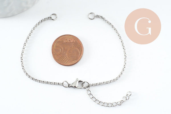 Base de bracelet chaine rollo acier 304 inoxydable platine 2.5mm-16.5cm, x1 (G9483)
