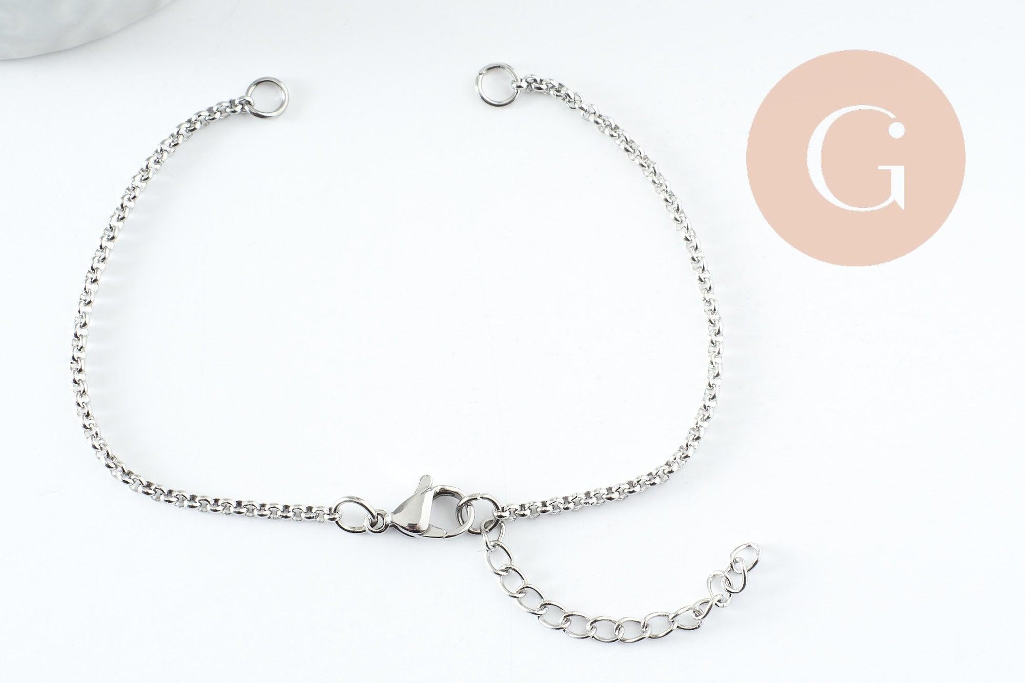 Base de bracelet chaine rolo acier 304 inoxydable platine 2.5mm-16.5cm, x1 (G9483)