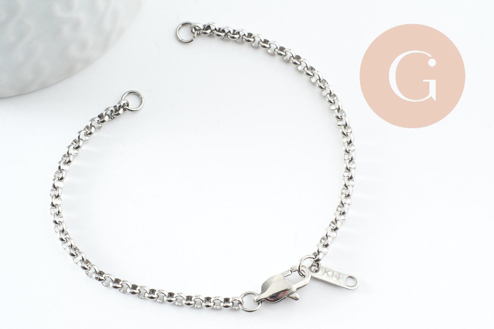Base de bracelet chaine rolo acier 304 inoxydable platine 3mm-16.5cm, x1 (G9484)