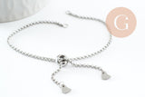 Base de bracelet chaine rolo réglable acier 304 inoxydable platine 25cm, x1 (G9496)