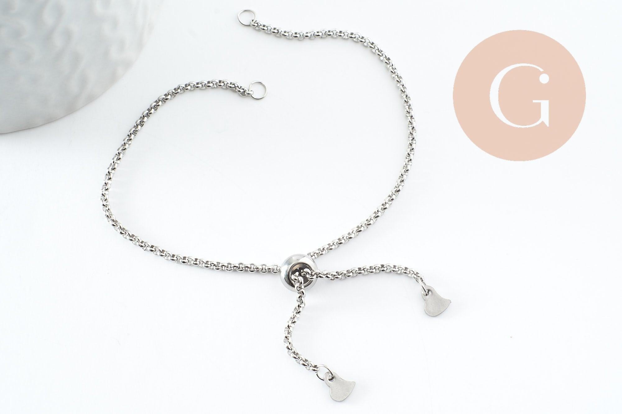 Base de bracelet chaine rolo réglable acier 304 inoxydable platine 25cm, x1 (G9496)
