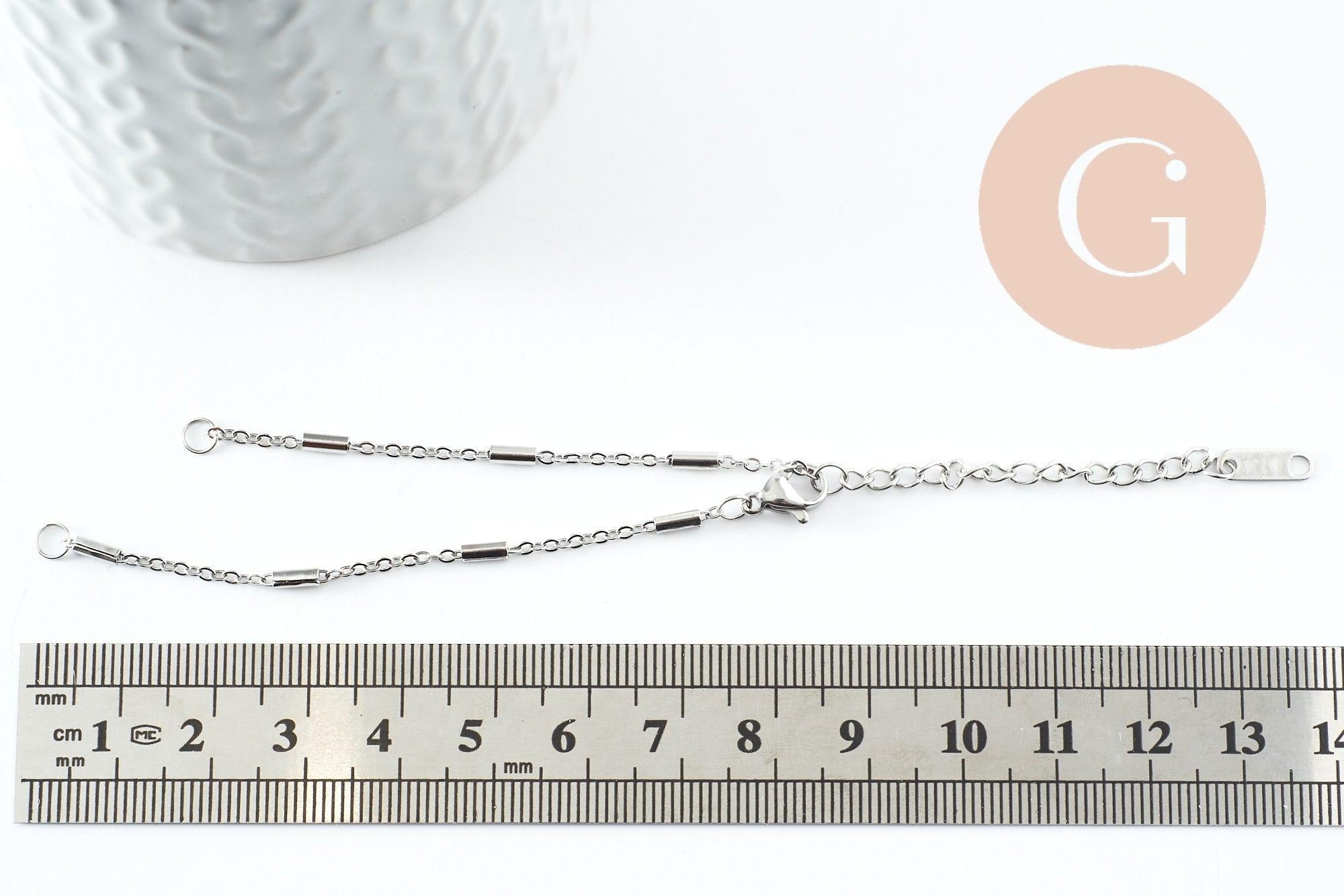 Base de bracelet fine maille tube acier inoxydable 304 platine avec anneaux 15.8mm, x1 (G9498)