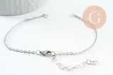 Base de bracelet maille forçat acier inoxydable 304 platine avec anneaux et chaine d'extension coeurs 18mm, x1 (G9499)