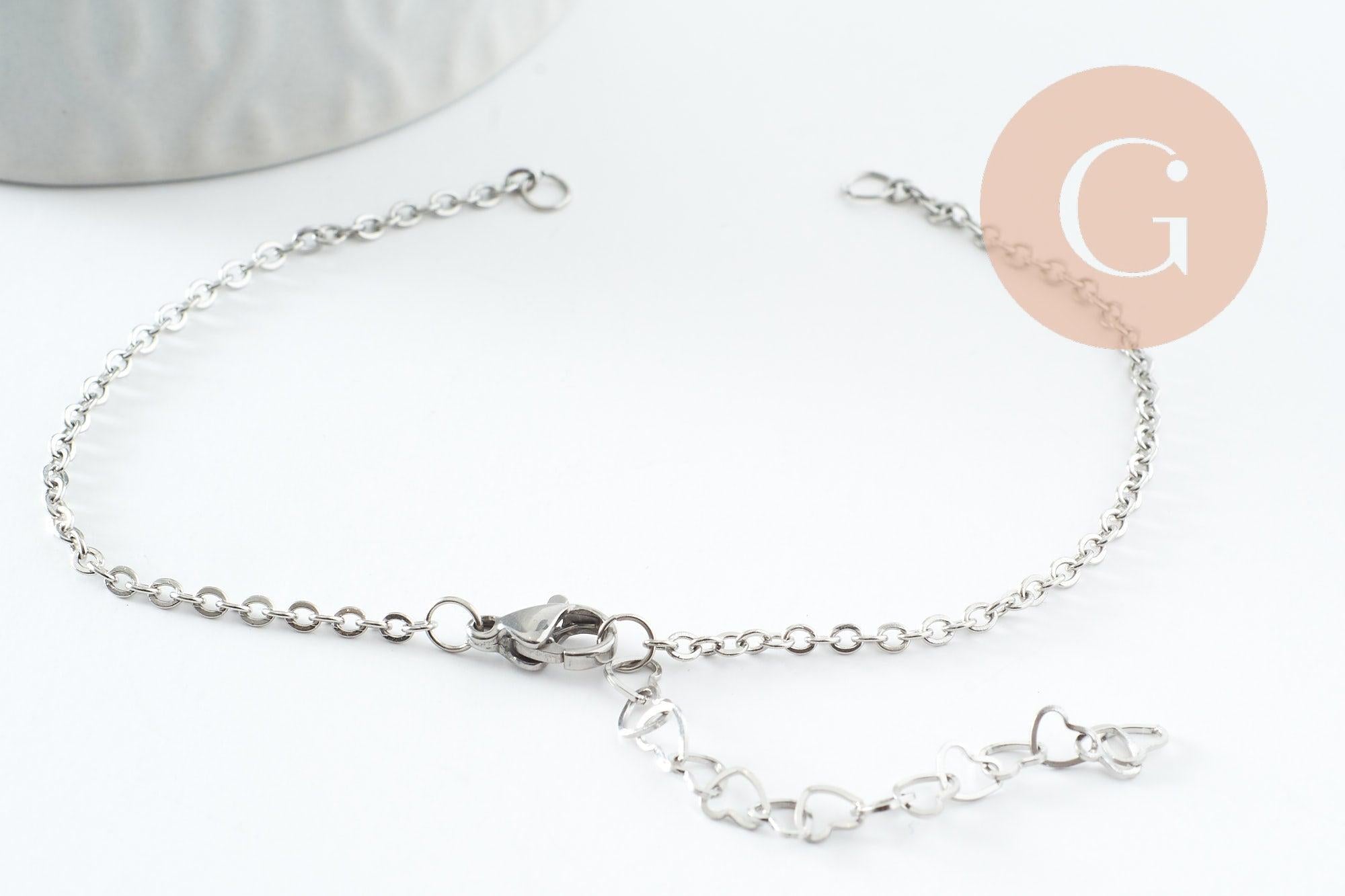 Base de bracelet maille forçat acier inoxydable 304 platine avec anneaux et chaine d'extension coeurs 18mm, x1 (G9499)