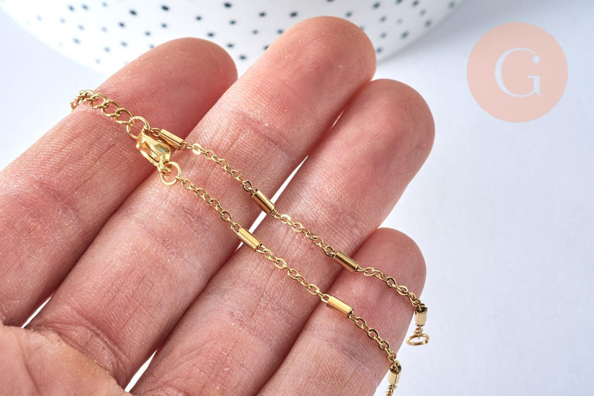 Base de bracelet fine maille tube acier inoxydable 304 doré 14k avec anneaux 16mm, x1 (G4967)
