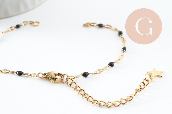 Base de bracelet réglable chaine acier 304 doré inoxydable résine noire 16.2cm, x1 (G9592)