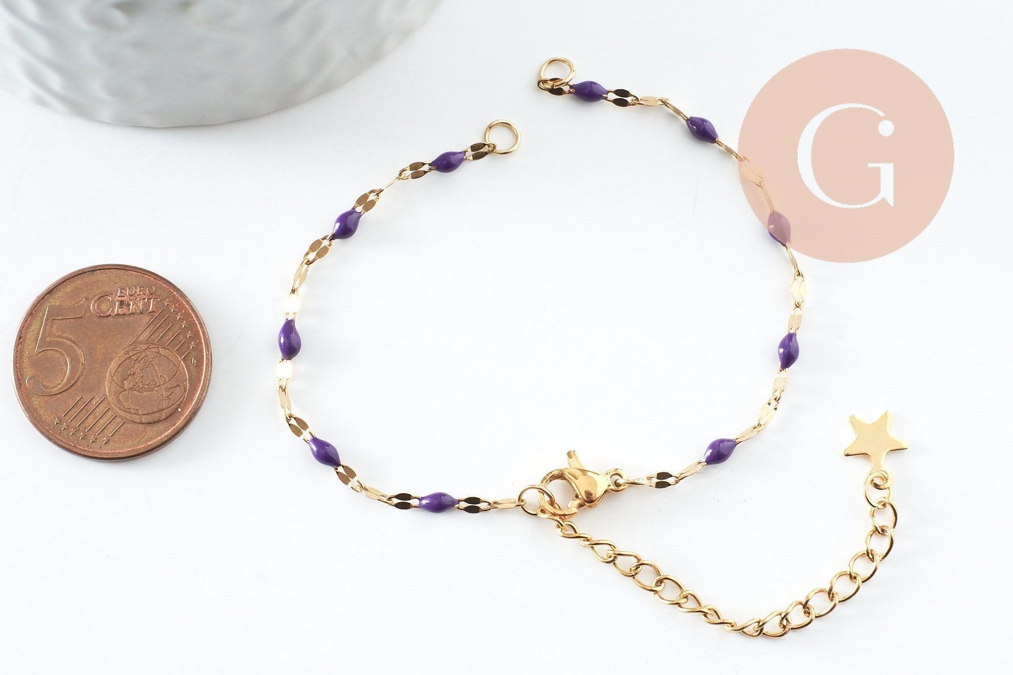 Base de bracelet réglable chaine acier 304 doré inoxydable résine violette 16.2cm, x1 (G9593)