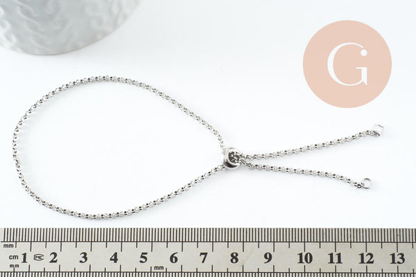 Base de bracelet réglable chaine rollo acier inoxydable platine 2mm/ 30.5cm, x1 (G9492)
