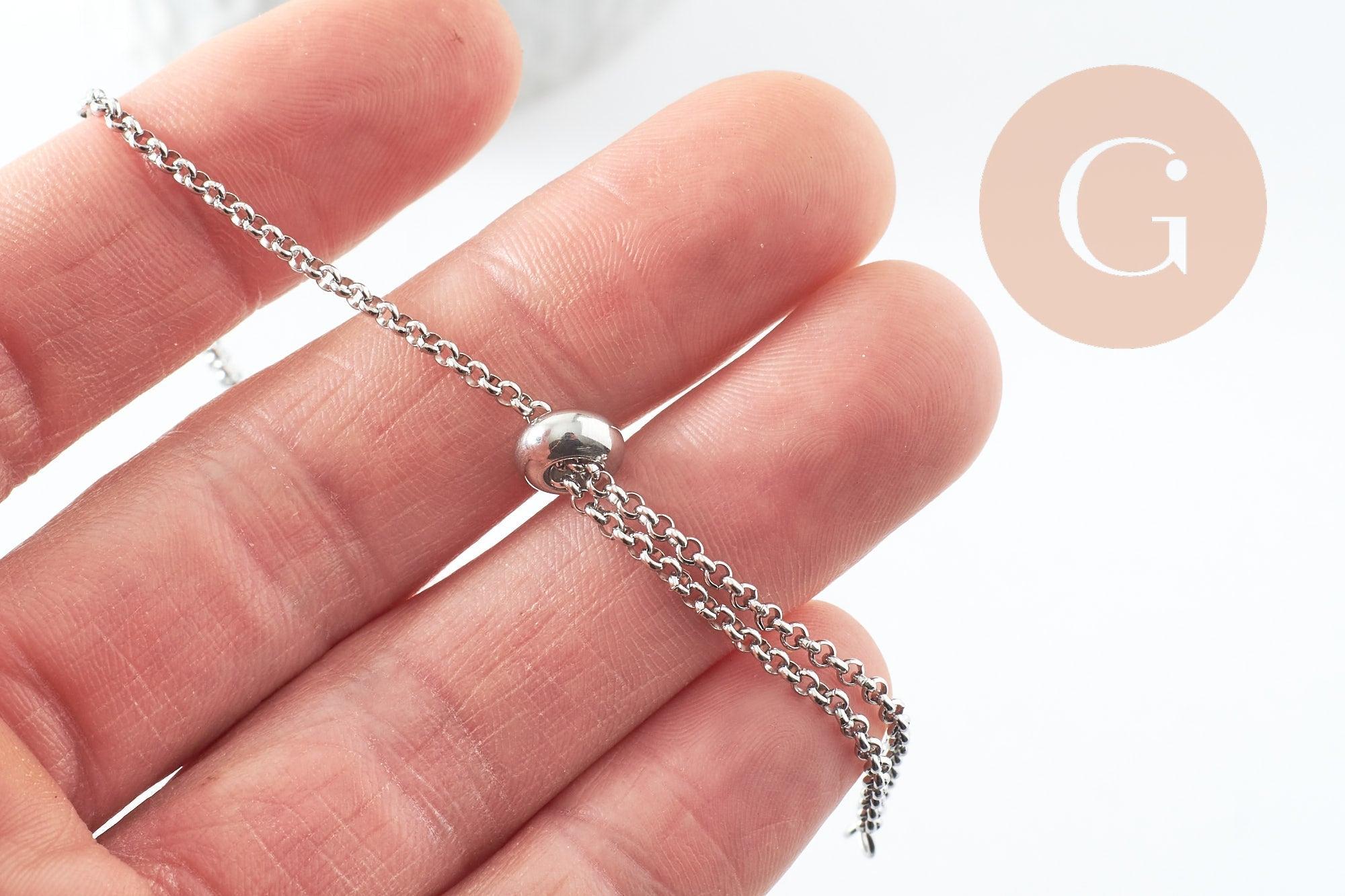 Base de bracelet réglable chaine rolo acier inoxydable platine 2mm/ 30.5cm, x1 (G9492)