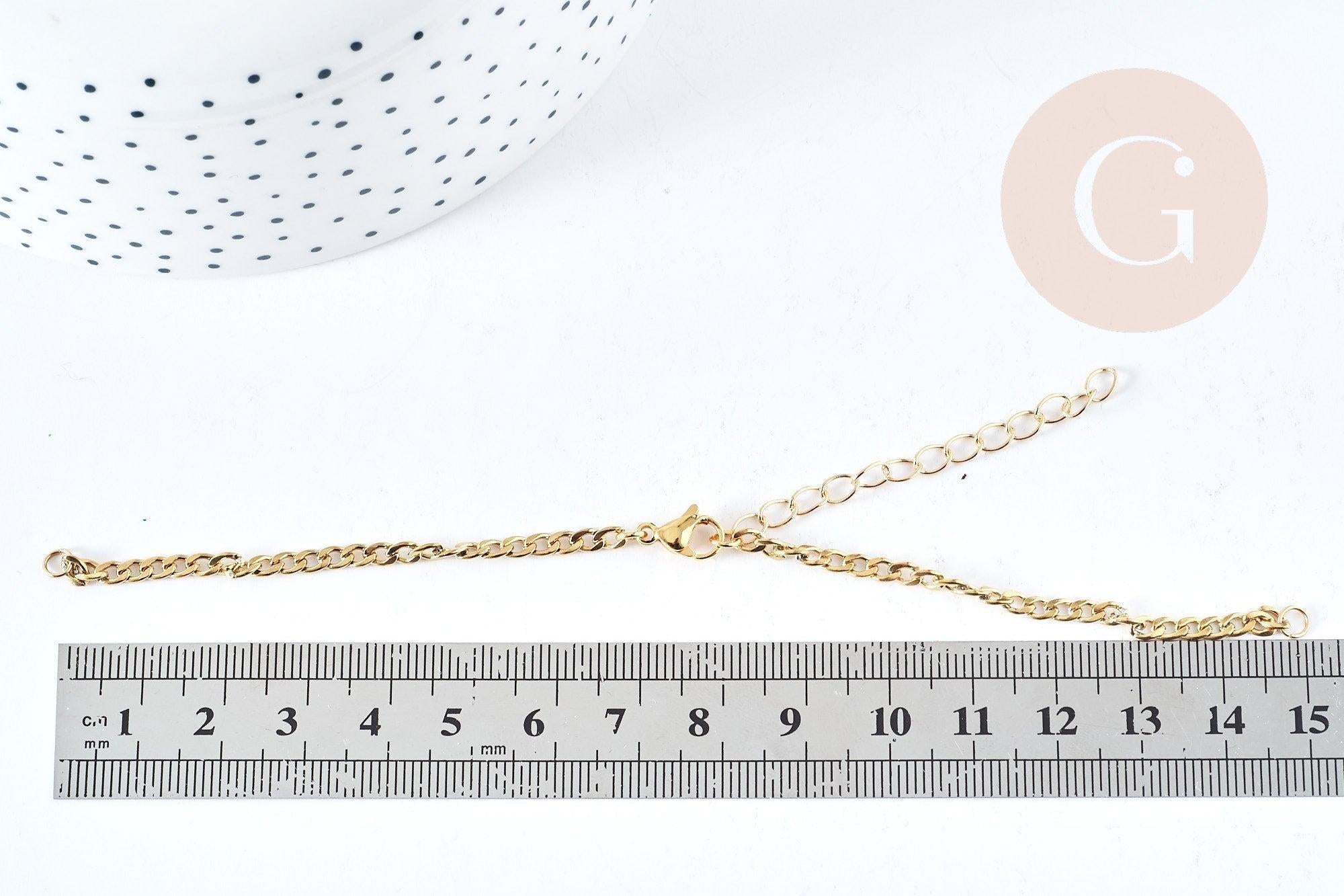 Base de bracelet réglable maille gourmette acier doré 304 inoxydable 15.5cm, x1 (G8624)