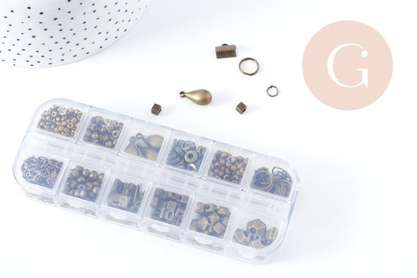 Boite Kit mix de 12 types de fournitures et perles zamac laiton Bronze, x1 (G8845)
