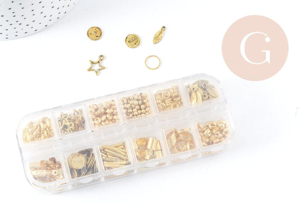 Boite Kit mix de 12 types de fournitures et perles zamac laiton doré, x1 (G8843)