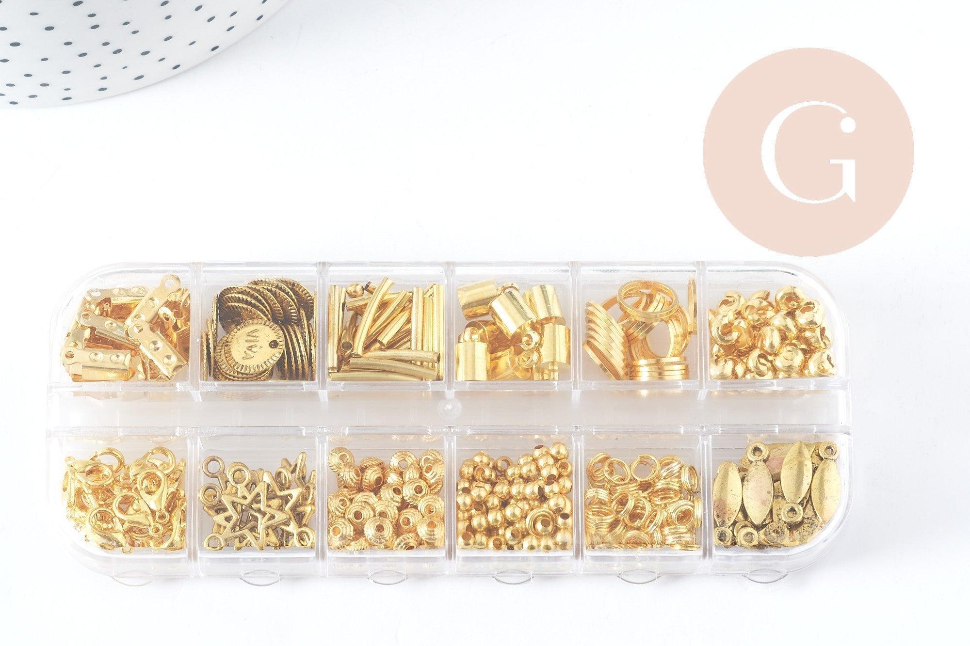 Boite Kit mix de 12 types de fournitures et perles zamac laiton doré, x1 (G8843)