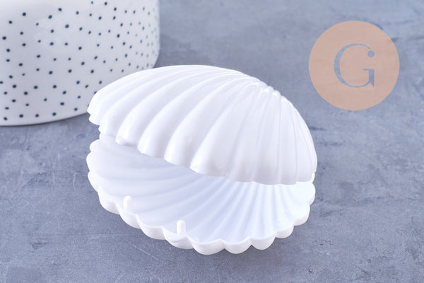 Boite bijou coquillage plastique blanc 9x7.5cm, x1 (G6629)