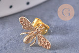 Boucles abeille doré laiton 18k tige argent 925 14mm, la paire (G2500)