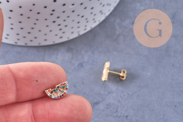 Boucles arc-en-ciel puces laiton doré zircons multicolore 12mm, la paire (G3776)