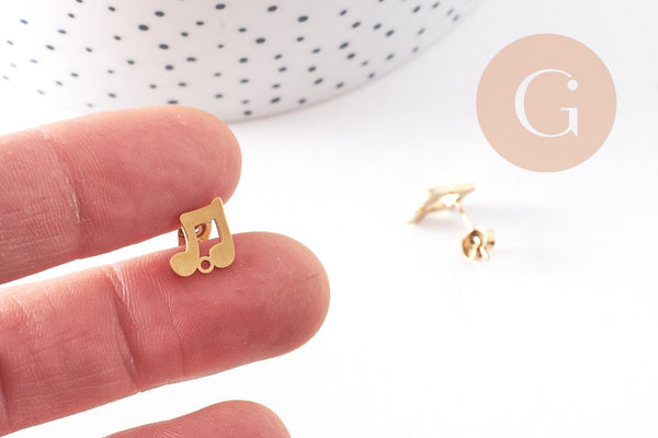 Boucles d'oreille puce pin's note de musique acier 304 inoxydable doré 9mm, la paire (G10253)