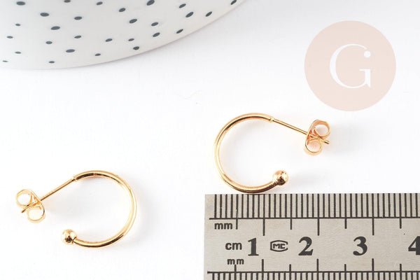 Boucles d'oreilles Anneau demi-créole puce doré 18k tige argent 925 20mm, x2 (G3583)