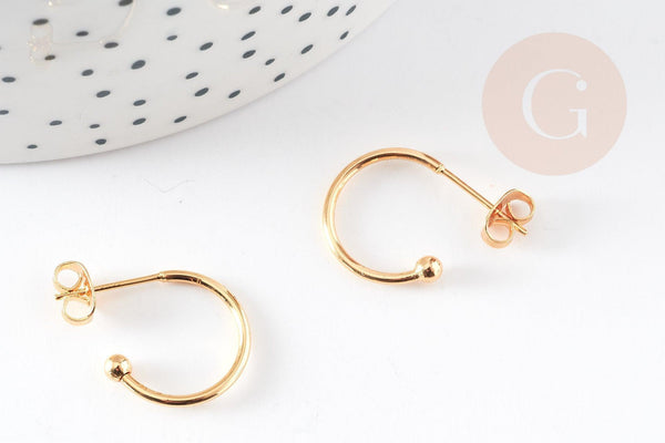 Boucles d'oreilles Anneau demi-créole puce doré 18k tige argent 925 20mm, x2 (G3583)