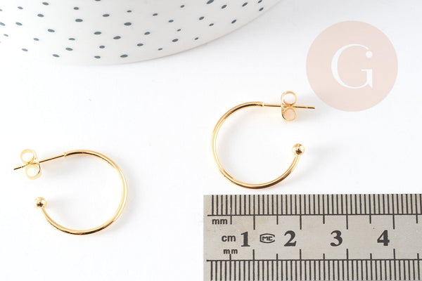 Boucles d'oreilles Anneau demi-créole puce doré 18k tige argent 925 23mm, x2 (G3582)