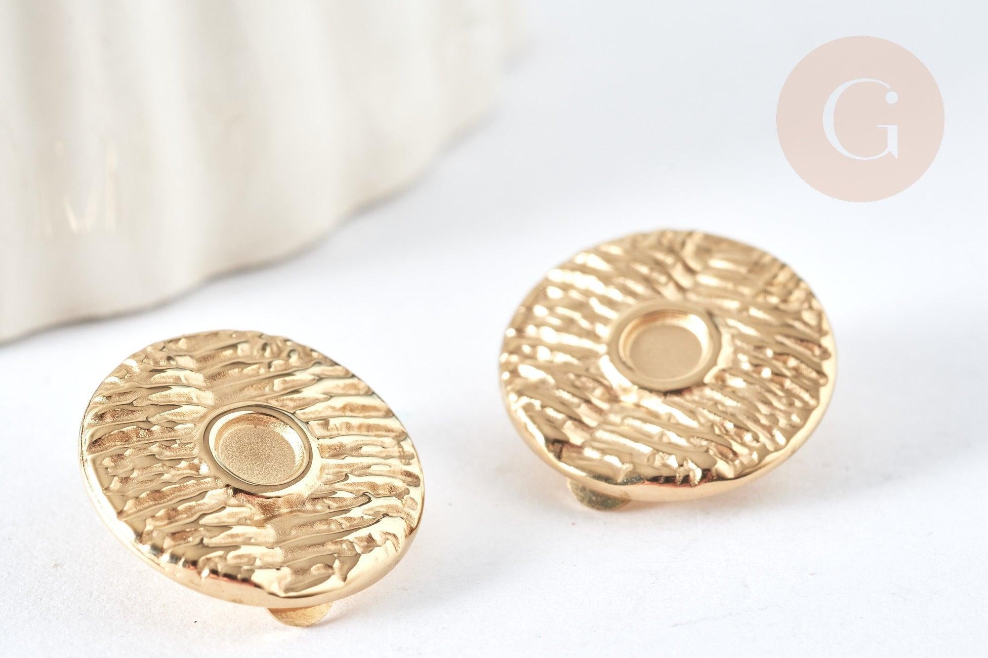 Boucles d'oreilles à clip acier 304 inoxydable doré cabochon rond 16mm, la paire (G7908)