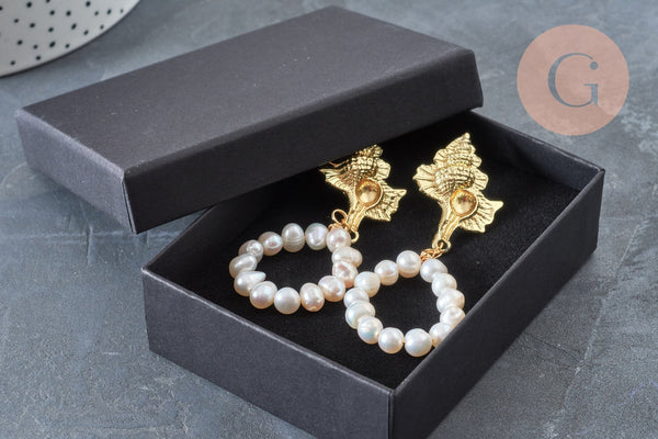 Boucles d'oreilles perles eau douce support coquillage laiton doré 45mm, la paire (G3206)