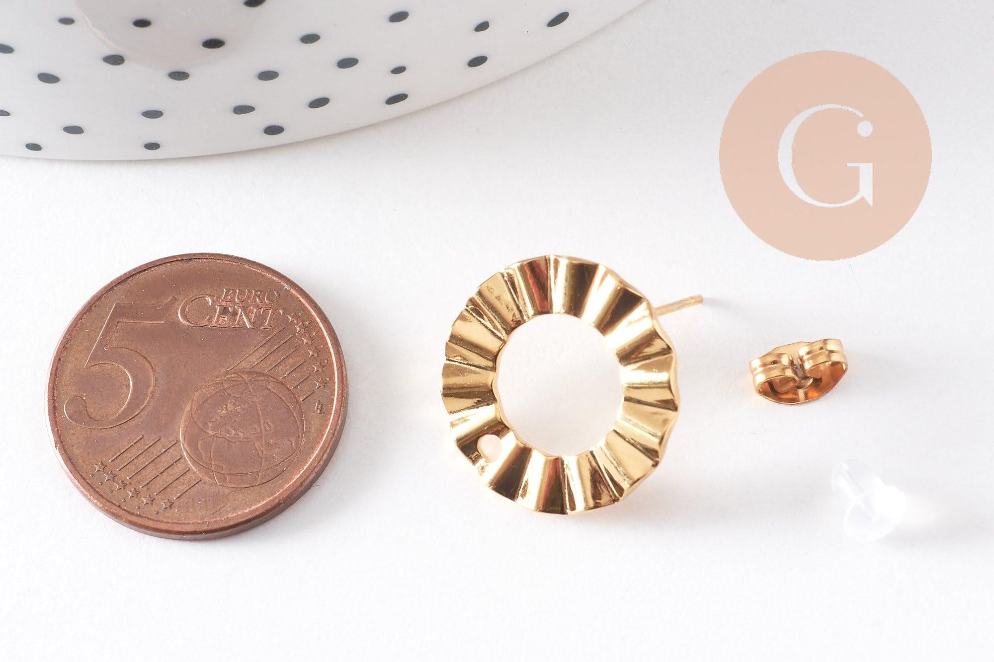 Boucles d'oreilles puce disque texturé acier 304 inoxydable doré IP 18K 18mm, la paire (G10477)