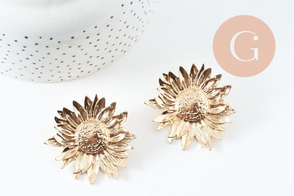 Boucles fleur tournesol XXL zamac doré ou platine 50mm, la paire (G9654)