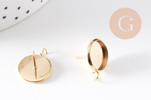 Boucles puce support cabochon rond 12mm avec anneau acier 304 inoxydable doré, x2 (G10510)