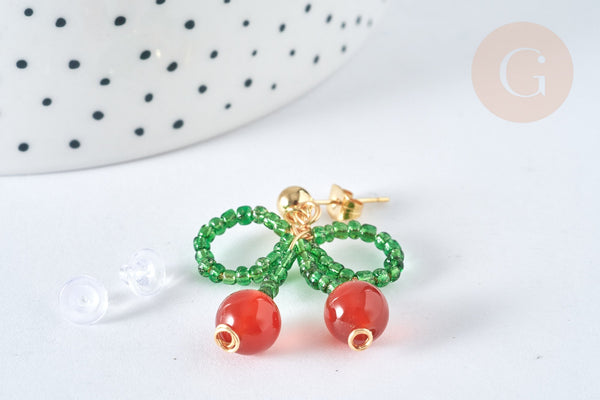 Boucles puces cerise agate rouge perles rocaille acier 304 doré 33mm, la paire (G7477)
