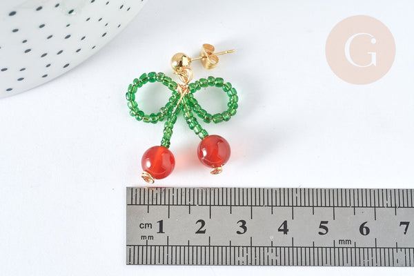 Boucles puces cerise agate rouge perles rocaille acier 304 doré 33mm, la paire (G7477)