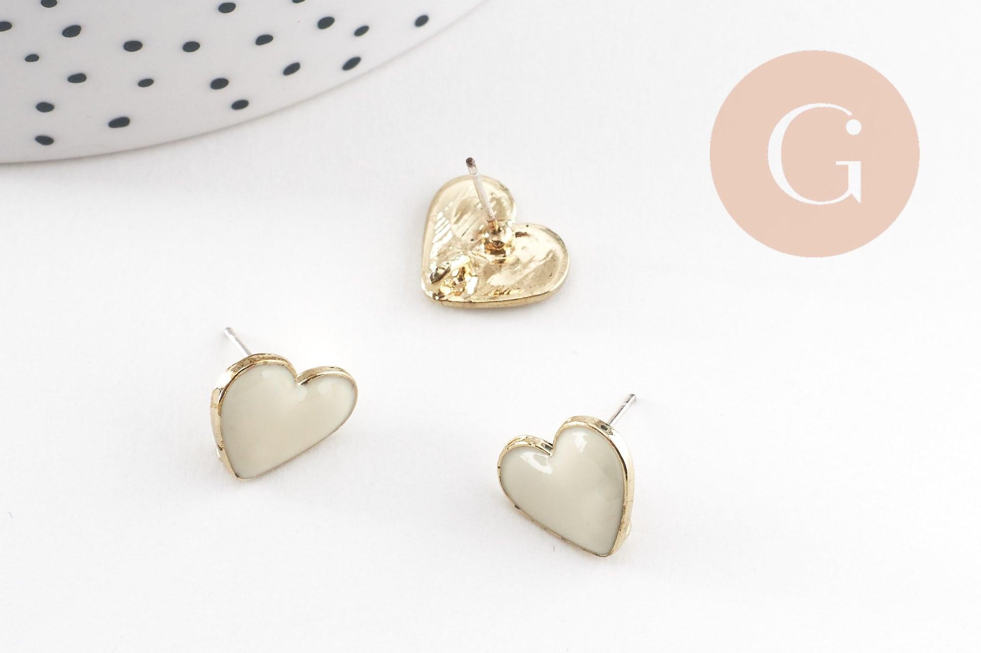 Boucles puces zamac doré coeur émail blanc à personnaliser 11.5mm, la paire (G9900)