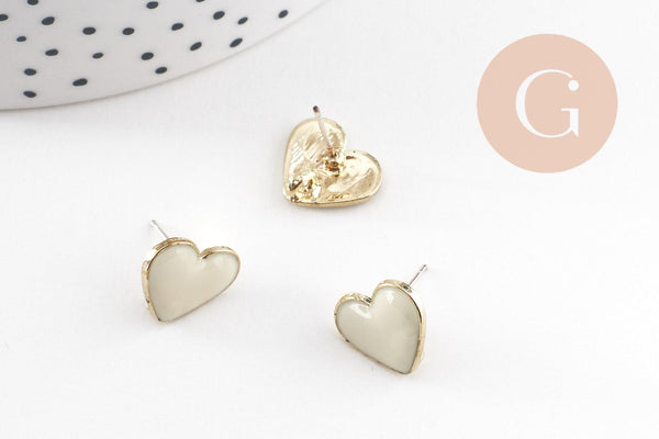 Boucles puces zamac doré coeur émail blanc à personnaliser 11.5mm, la paire (G9900)
